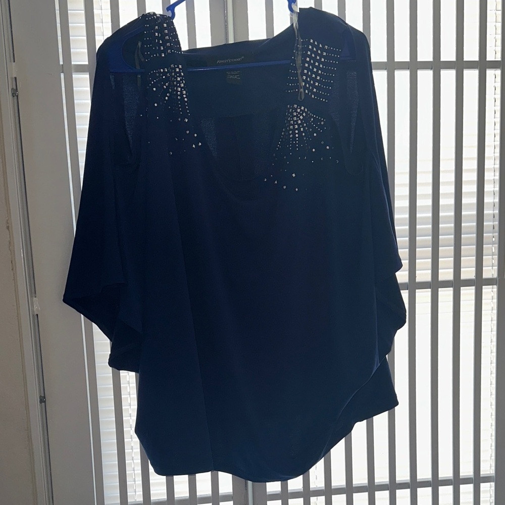 Ashley Stewart Navy Stud-Shoulder Draped Blouse